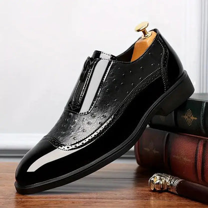 Embossed zipper pointed men's shiny leather Chelsea men's single shoes eprolo