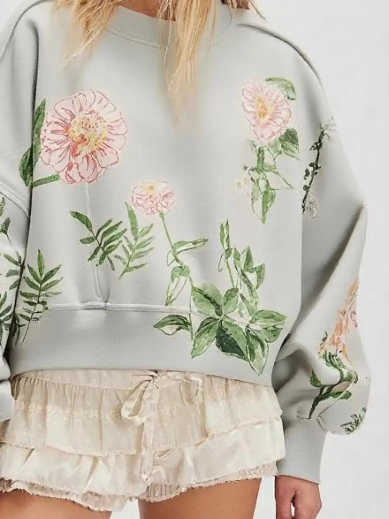 Printed Round Neck Dropped Shoulder Sweatshirt Trendsi
