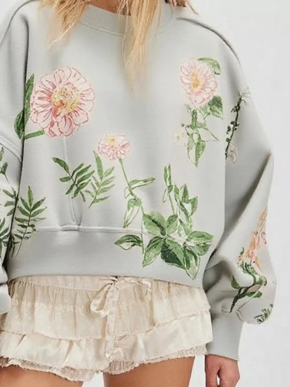Printed Round Neck Dropped Shoulder Sweatshirt Trendsi