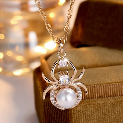 Champagne Gold Round White Diamond Pearl Spider Necklace Easy Bazaar