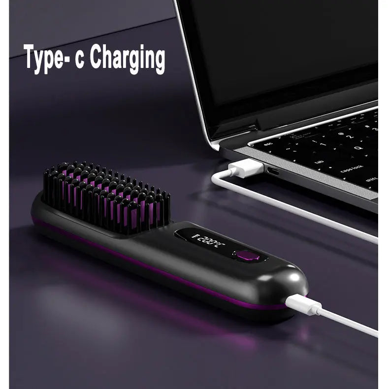 2 In 1 Straight Hair Comb Wireless Hair Straightener Brush Hair Fast Heating Portable Hot Curler USB Charging Easy Bazaar
