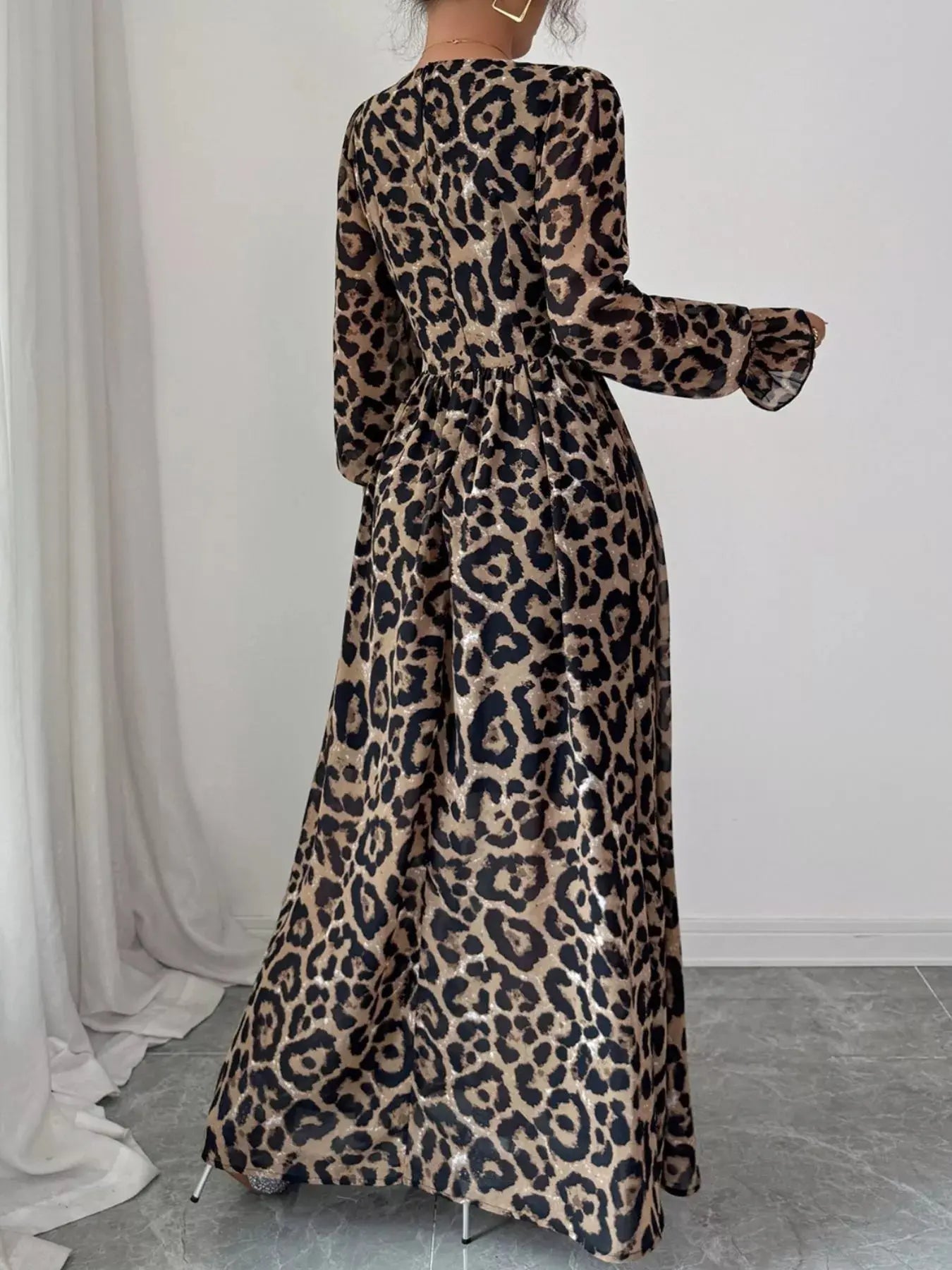 Leopard Sweetheart Neck Flounce Sleeve Maxi Dress Trendsi