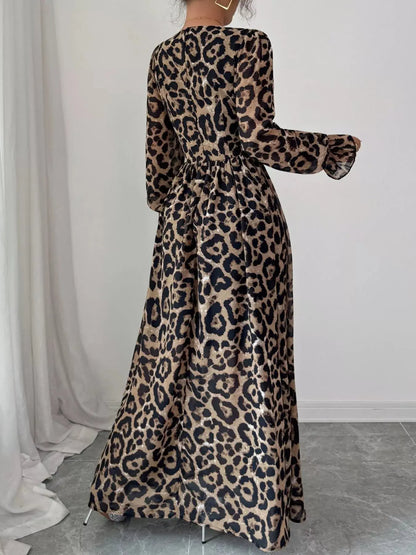 Leopard Sweetheart Neck Flounce Sleeve Maxi Dress Trendsi