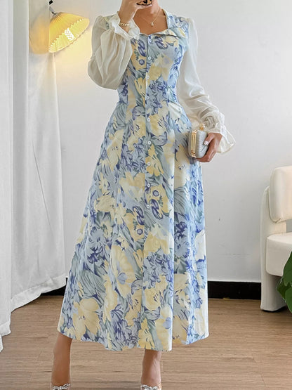  Printed Flounce Sleeves Dress featuring a blue and yellow design, perfect for spring occasions.