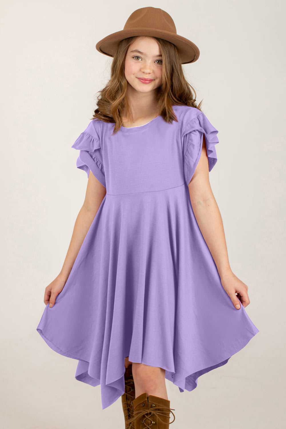 Round neck petal sleeve dress for kids in purple