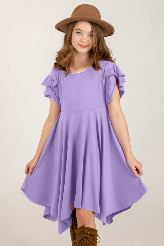 Round neck petal sleeve dress for kids in purple