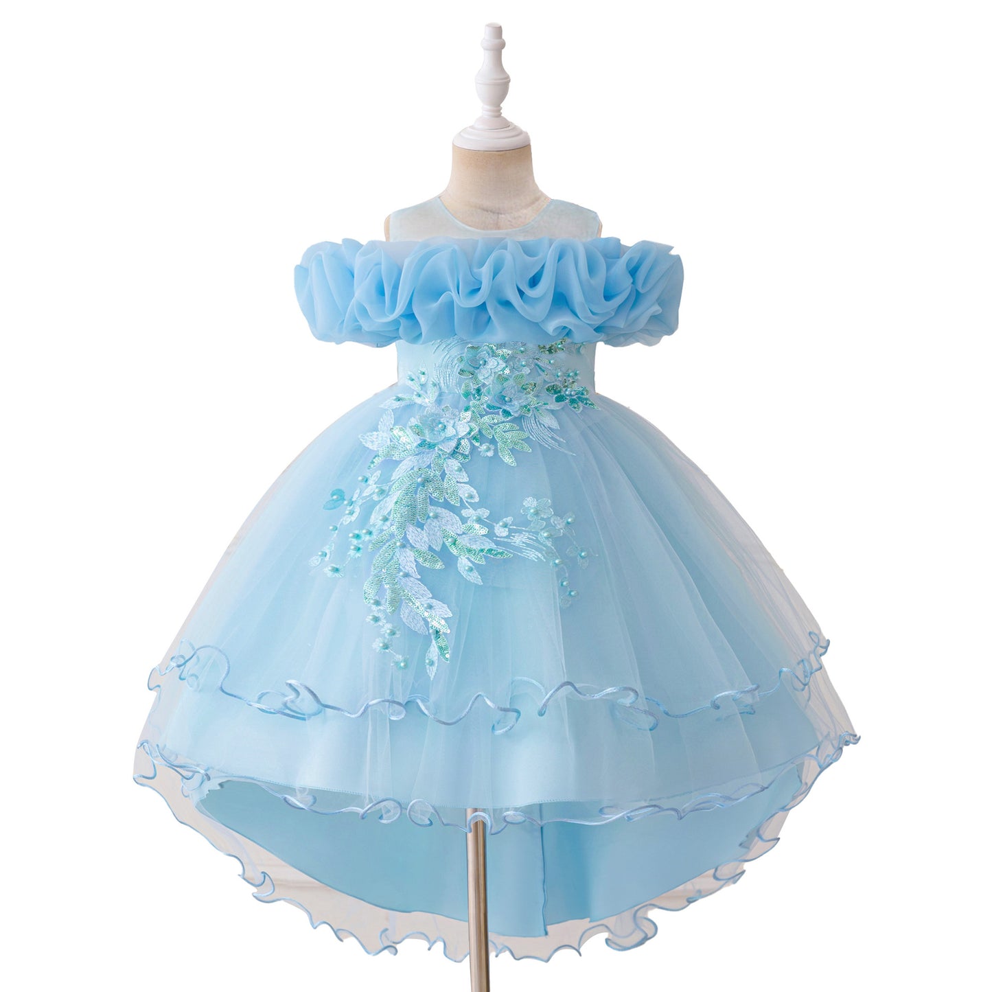 Children's Formal Dress with Train, Flower Girl Wedding Gown, Princess Tutu Tulle Dress, One-Shoulder Evening Gown
