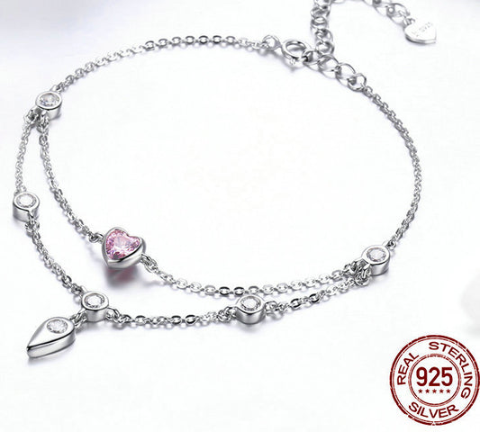 925 Sterling Silver Heart Charm Bracelet with Purple Crystal - Adjustable Chain Bracelet for Women