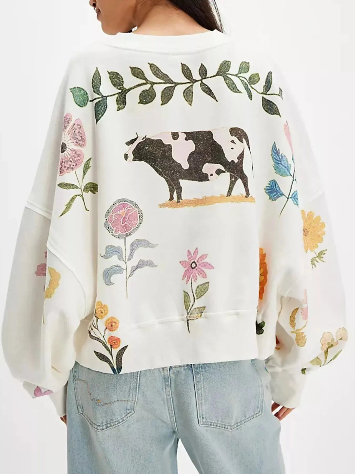 Printed Round Neck Dropped Shoulder Sweatshirt Trendsi
