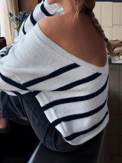 Striped Round Neck Long Sleeve Knit Top Trendsi