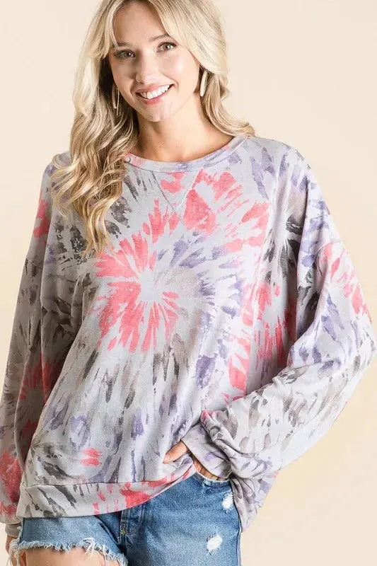 BiBi Tie Dye Print Terry Pull Over Trendsi