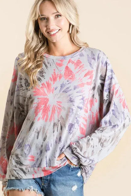 BiBi Tie Dye Print Terry Pull Over Trendsi