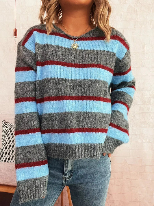 Striped Round Neck Long Sleeve Sweater Trendsi