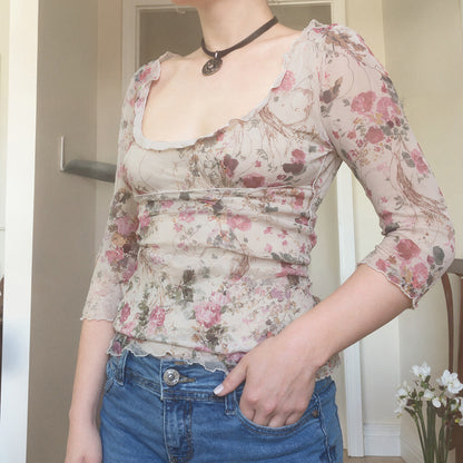 Square collar printed mesh top slim fit T-shirt