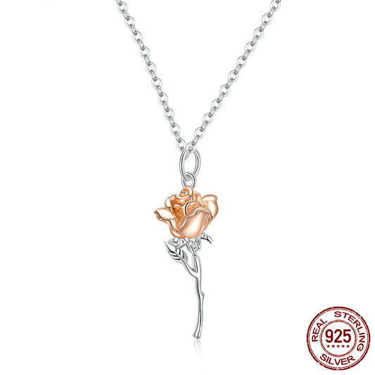 925 Sterling Silver Rose Flower Pendant Necklace - Two Tone Gold & Silver Romantic Jewelry for Women