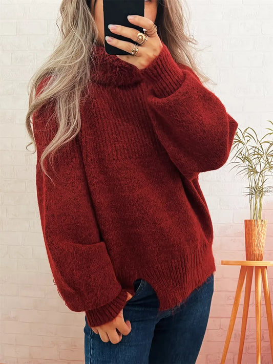 Ribbed Longneck Sweater Shirt full sleeves in burgundy red color
