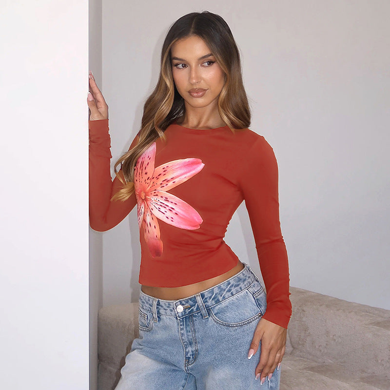 Floral Print Long Sleeve Round Neck Pullover Crop Top