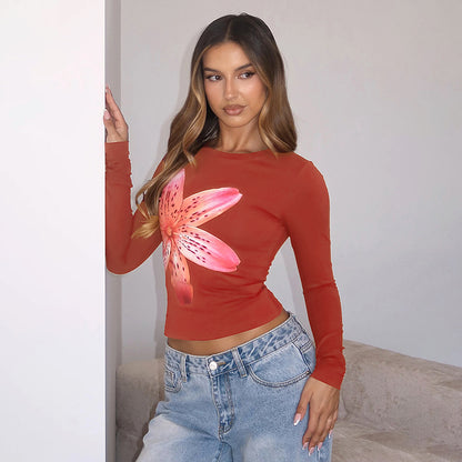 Floral Print Long Sleeve Round Neck Pullover Crop Top