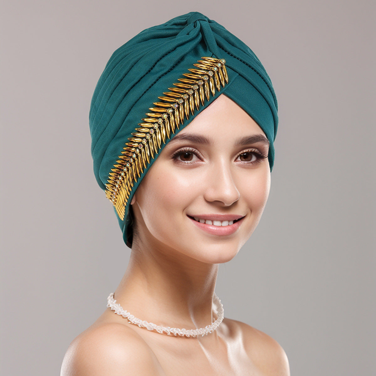 Rhinestone Turban Cap For Women Pleated Elastic Head Wrap Stylish