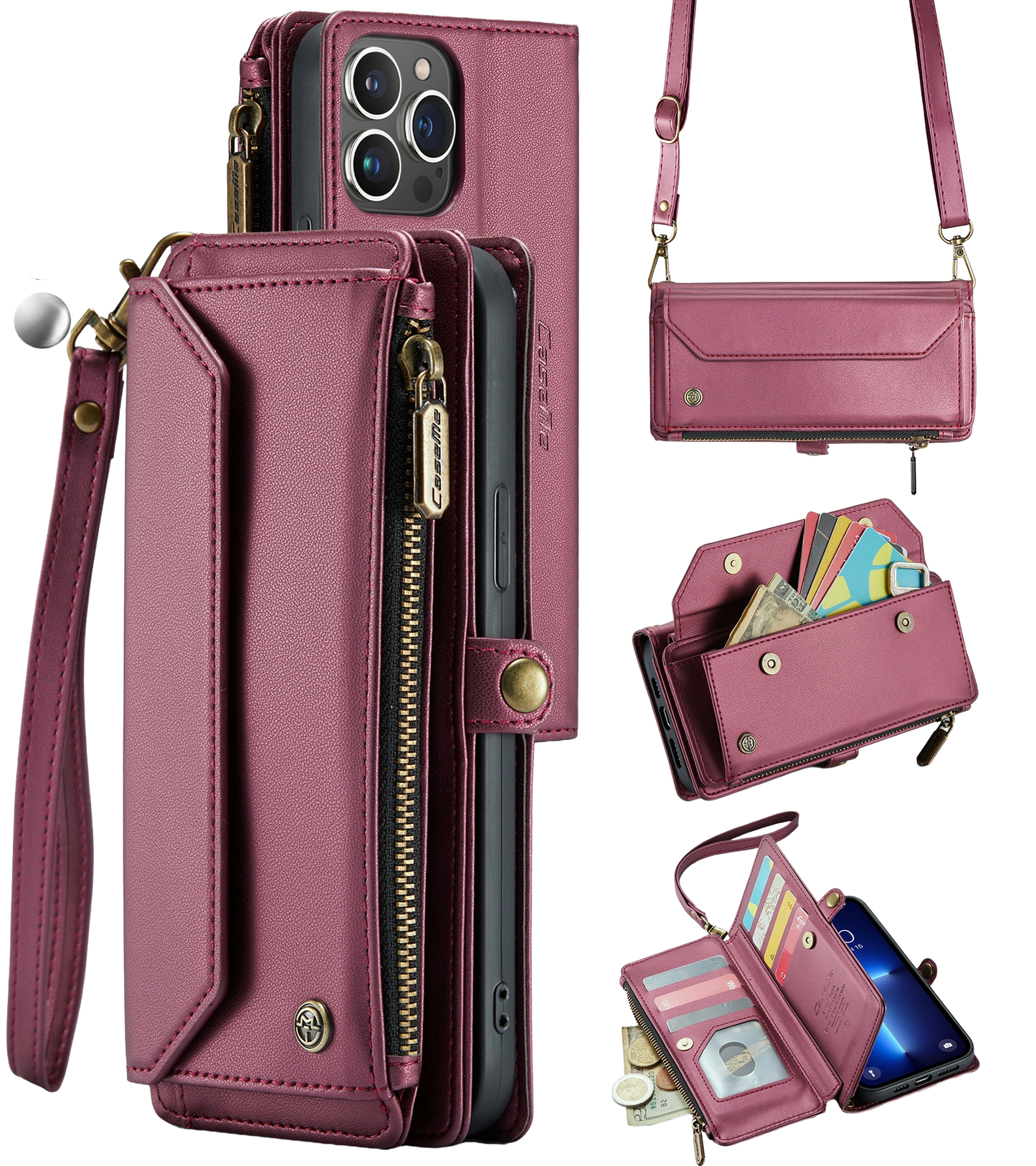 Leather Mobile phone wallet for women in burgundy red with zipper purse and phone holder