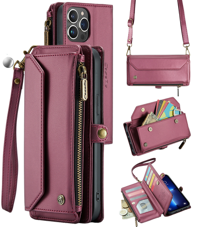 Leather Mobile phone wallet for women in burgundy red with zipper purse and phone holder