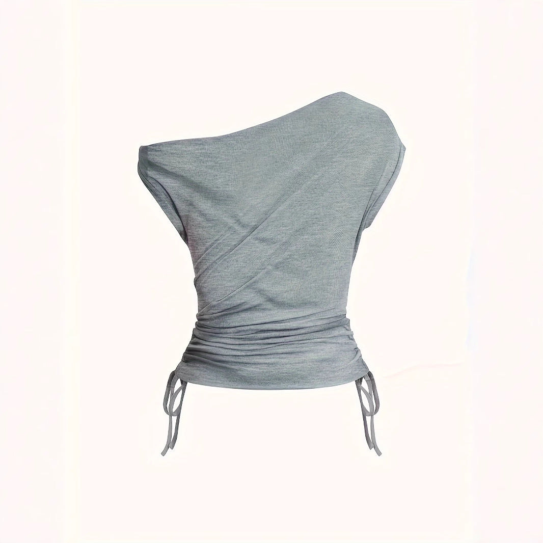 Women's T-Shirt Solid Color Waist Shirring Off-Shoulder Short Sleeve