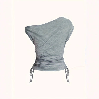 Women's T-Shirt Solid Color Waist Shirring Off-Shoulder Short Sleeve