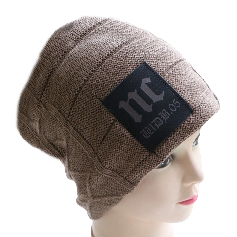 Tan striped knitted winter hat with fleece lining - men's casual beanie"