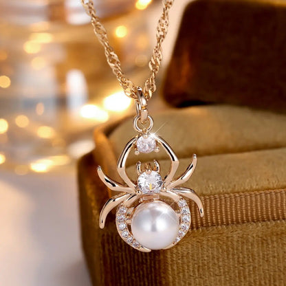 Champagne Gold Round White Diamond Pearl Spider Necklace Easy Bazaar