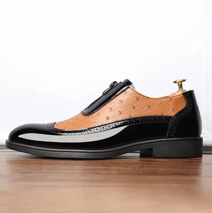 Embossed zipper pointed men's shiny leather Chelsea men's single shoes eprolo
