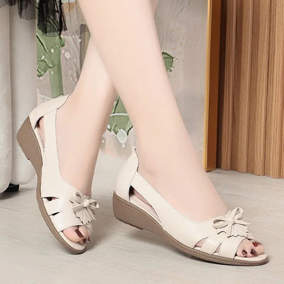 Fish Mouth Heeled Sandals for Women, Soft Leather and Comfortable Sole, Suitable for Middle-aged and Elderly Women, Summer Single Shoes eprolo