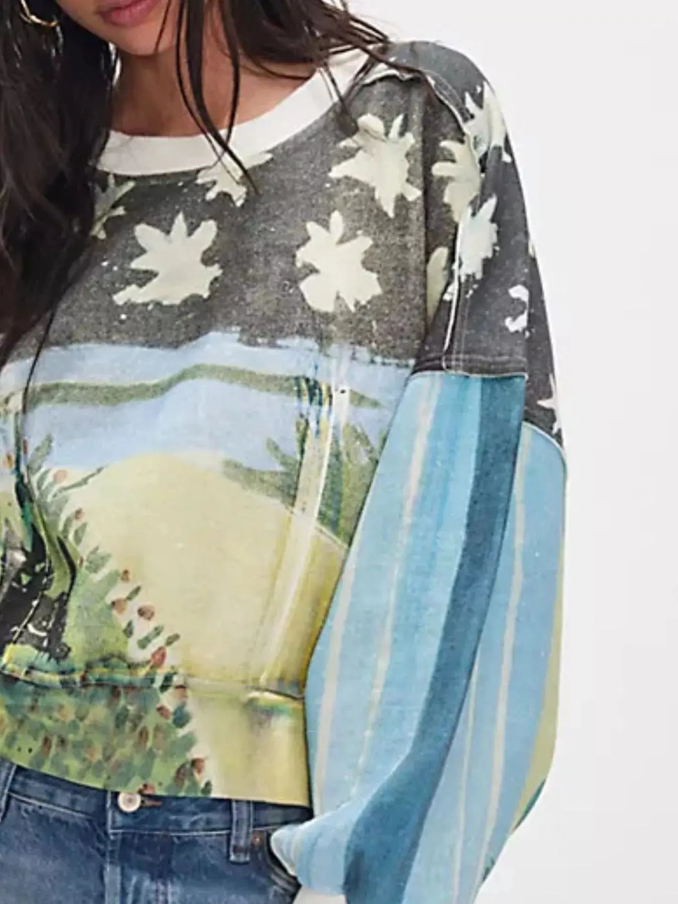 Printed Round Neck Dropped Shoulder Sweatshirt Trendsi