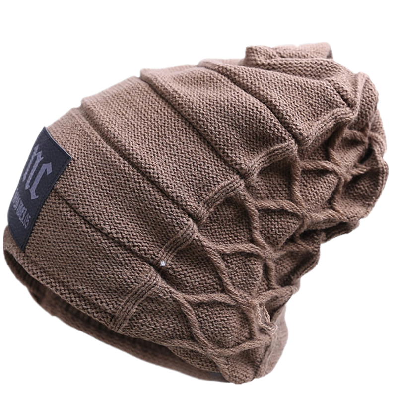 Knitted winter beanie hat in brown fleece-lined for men - warm winter headwear