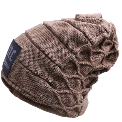 Knitted winter beanie hat in brown fleece-lined for men - warm winter headwear
