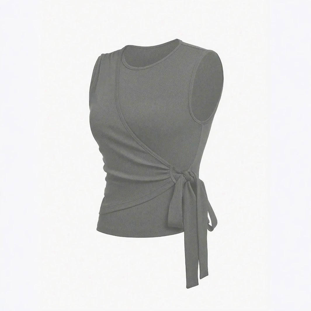 Women's Waist Tie Design Round Neckp with High Waist Casual Straight Leg Pants Two-Piece Set