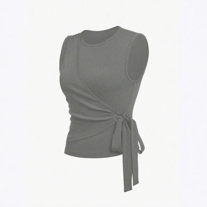 Women's Waist Tie Design Round Neckp with High Waist Casual Straight Leg Pants Two-Piece Set