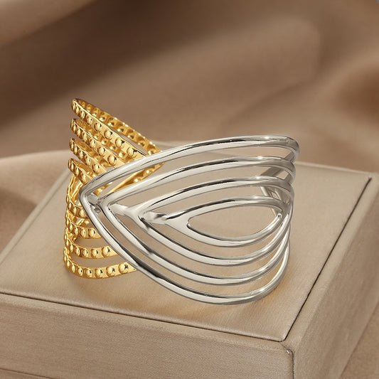 Stainless Steel Bracelet Lotus Shape Ring Large Glossy Stripes