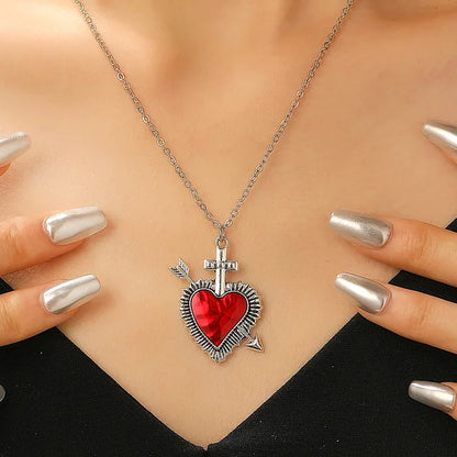 New Heart and Sword Necklace Punk Vintage Red Crystal Heart Couple Necklaces for Women Men Boyfriend Girlfriend Gifts