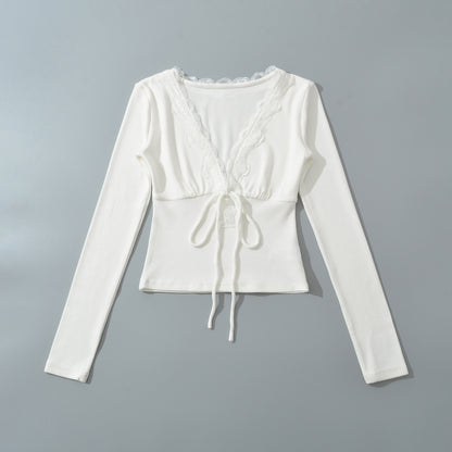 Sexy lace V-neck strap patchwork top T-shirt