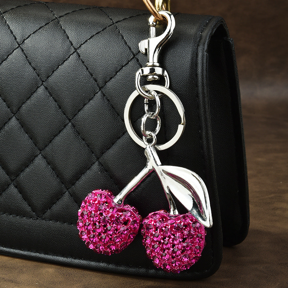 Pink cherry shaped keychain with sparkly rhinestones - decorative purse charm for women