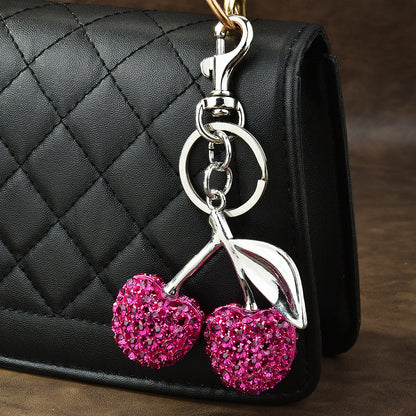Pink cherry shaped keychain with sparkly rhinestones - decorative purse charm for women