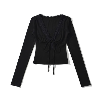 Sexy lace V-neck strap patchwork top T-shirt