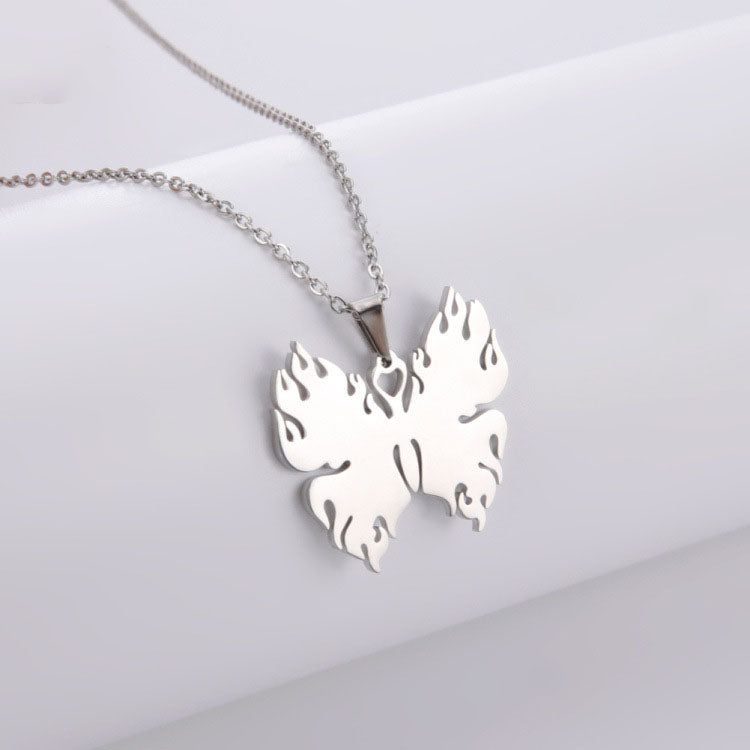 Men And Women Korean Jewelry Necklace Titanium Steel Stainless Steel Pendant Butterfly Belt Flame Pendant Cross Chain