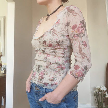 Square collar printed mesh top slim fit T-shirt