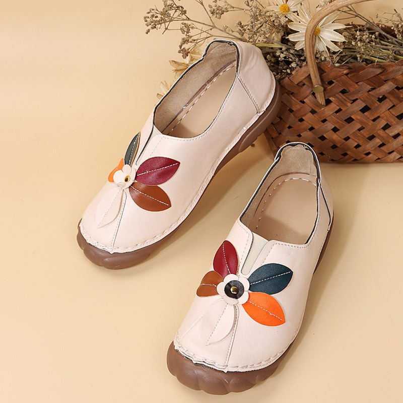 Retro flower round toe low-top loafers beige with colorful floral embroidery design