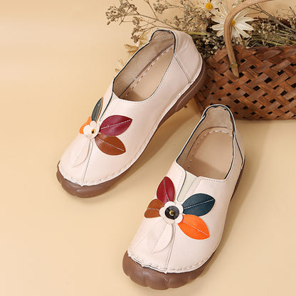 Retro flower round toe low-top loafers beige with colorful floral embroidery design