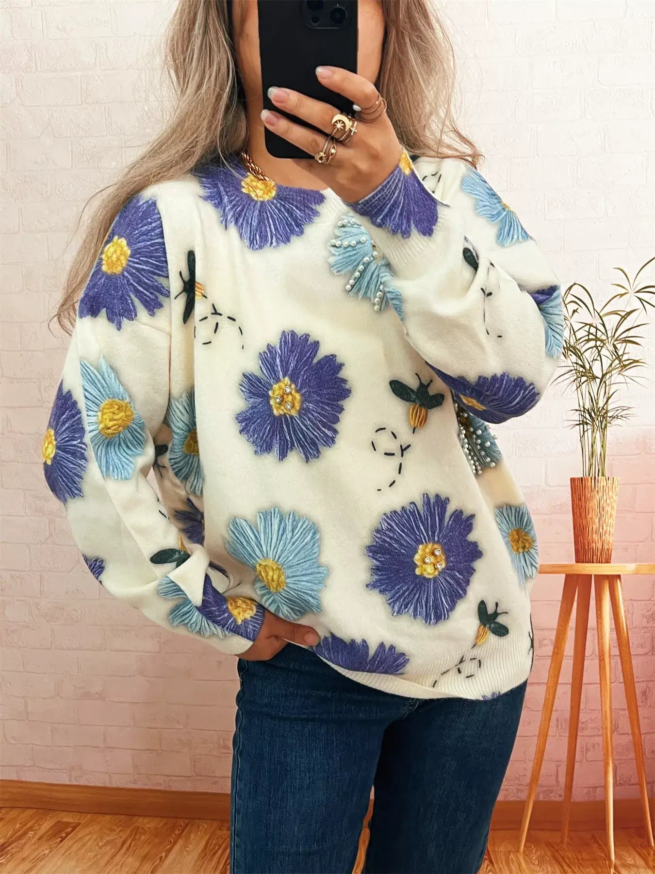 Girls round neck sweater shirt with colorful floral design - styled look"