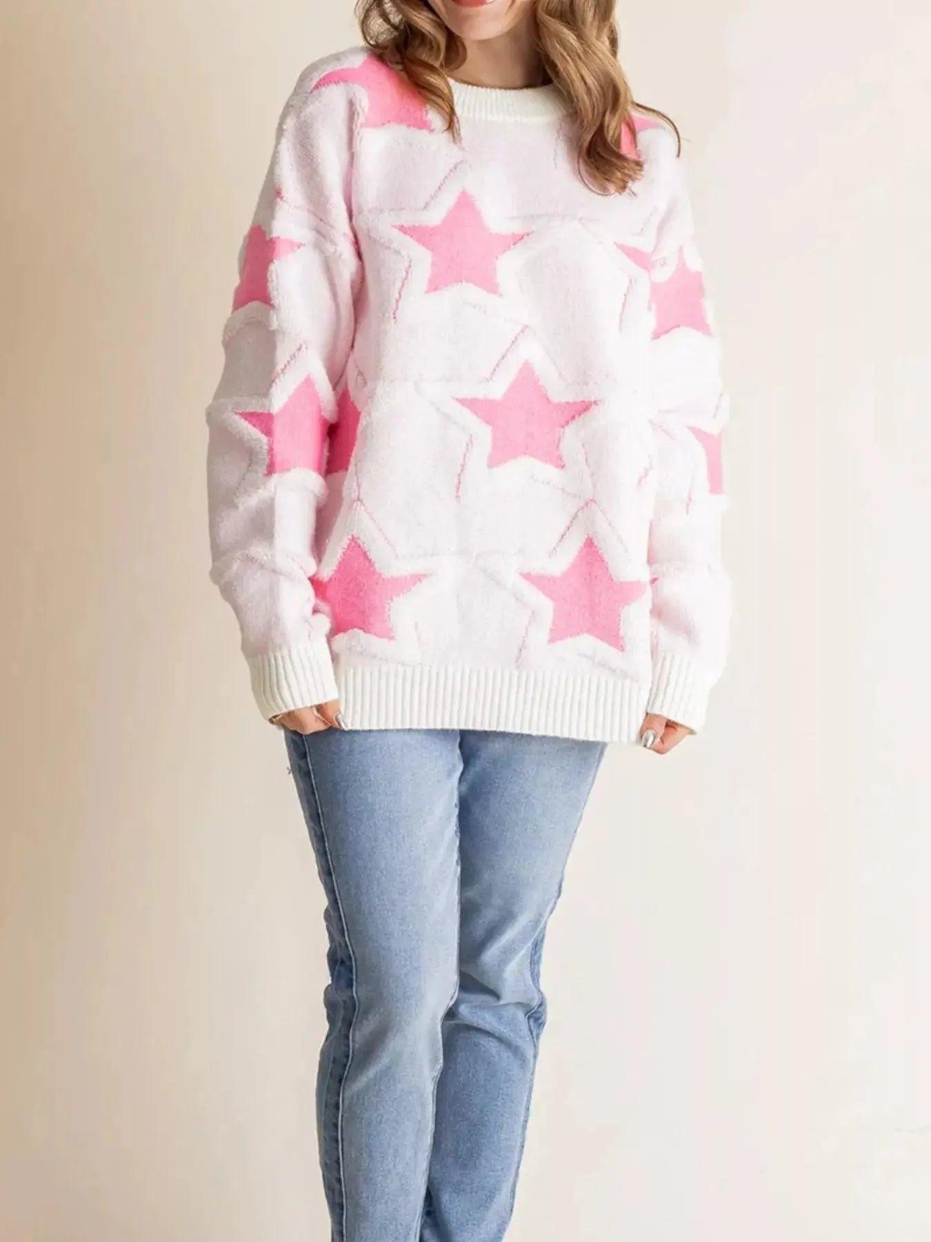 Oversized Star Pattern Ribbed Edge Drop Shoulder Sweater Trendsi