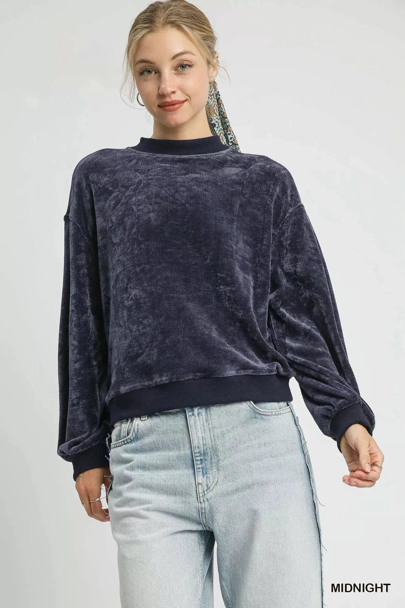 Umgee Velour Crewneck Balloon Sleeve Sweatshirt Trendsi