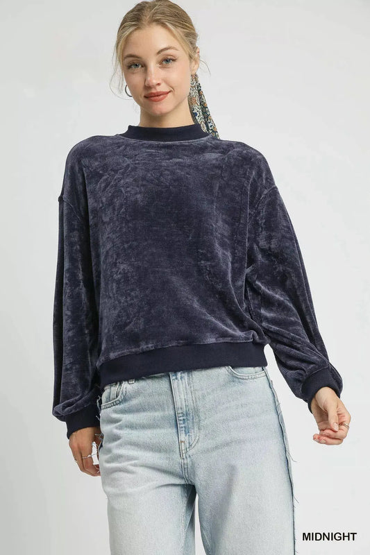 Umgee Velour Crewneck Balloon Sleeve Sweatshirt Trendsi
